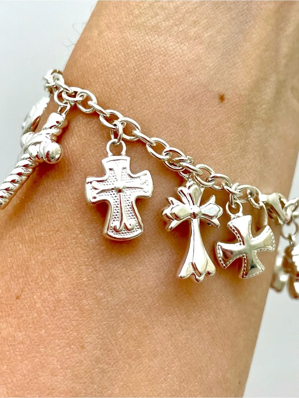 VTG Jacmel Mauritius Sterling Silver Christian Cross Charm Bracelet 925 6.5” GCM
